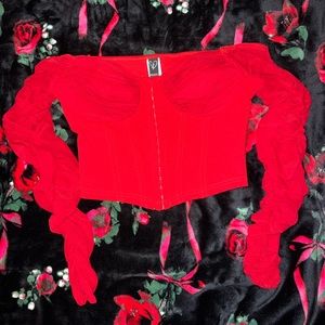 Red cropped shirt off the shoulder with ruched sheer sleeves